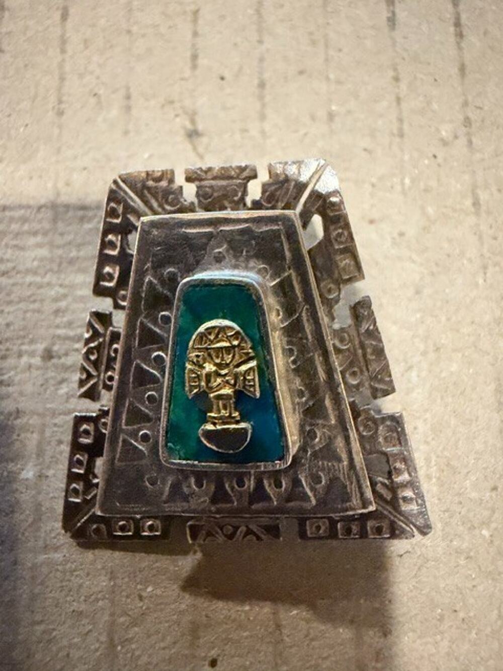 Mexican Sterling Brooch Pendant with Gold Figure and Turquoise Stone